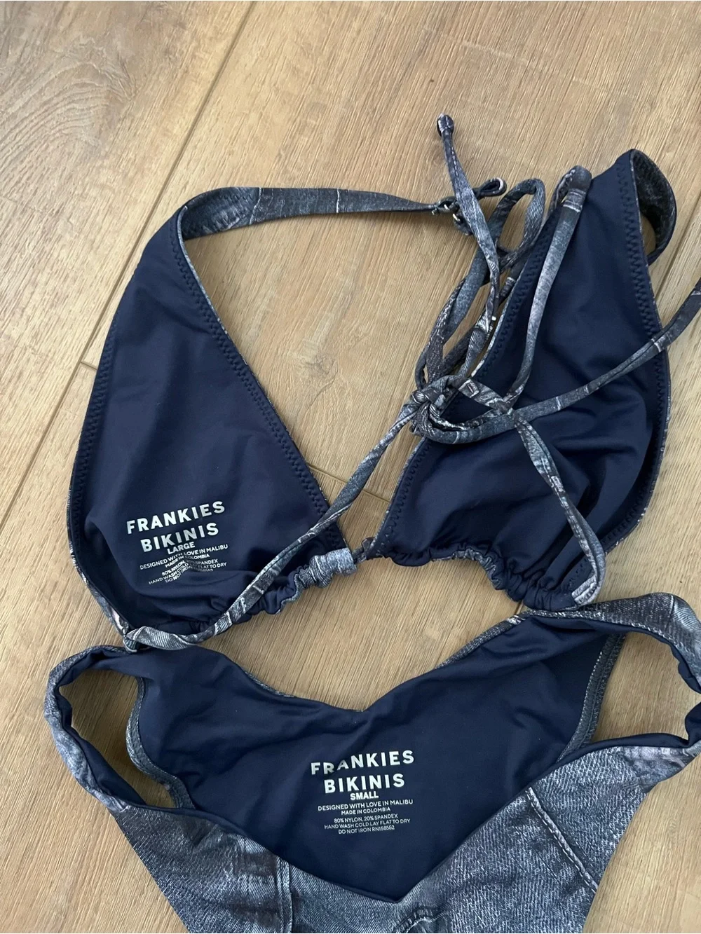 Frankie's Bikinis Navy Blue Denim-Print Triangle Bikini Top Large Bottom Sz Smal